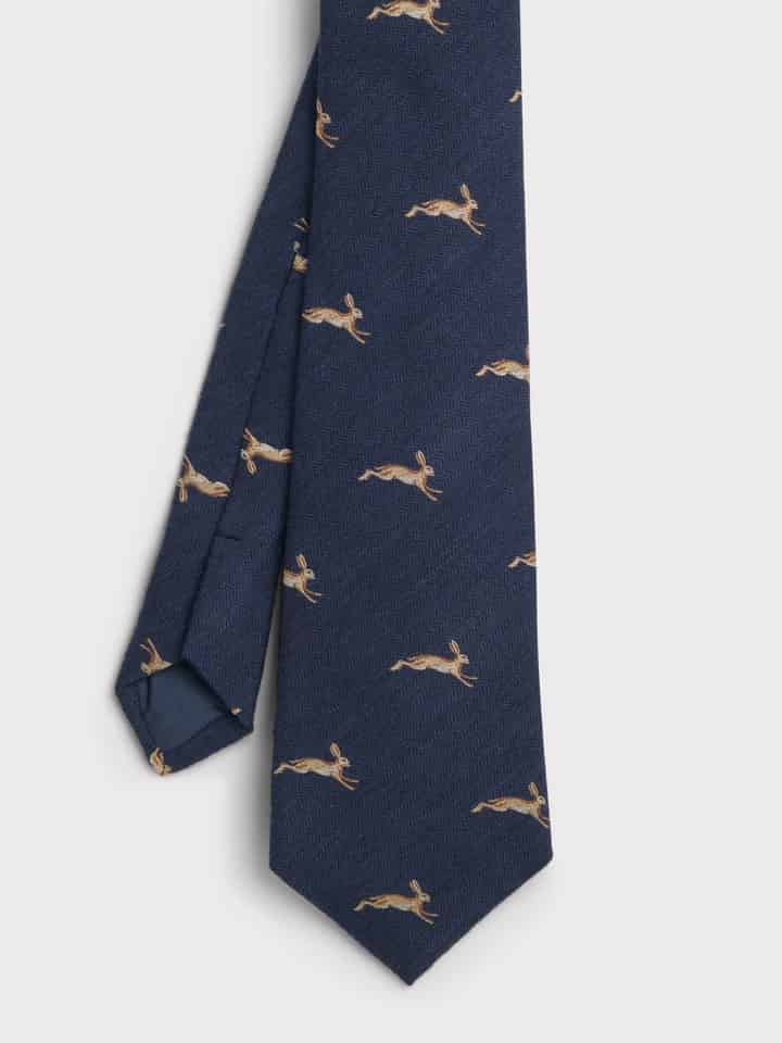 Navy Leaping Hares Tie Flat