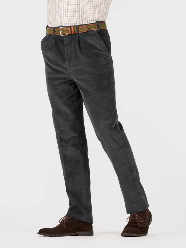 Charcoal Pleated Corduroy Trousers