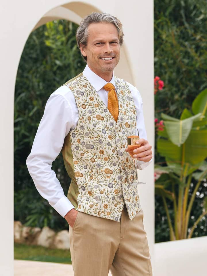 Mens Gold Floral Brocade Vest on Model