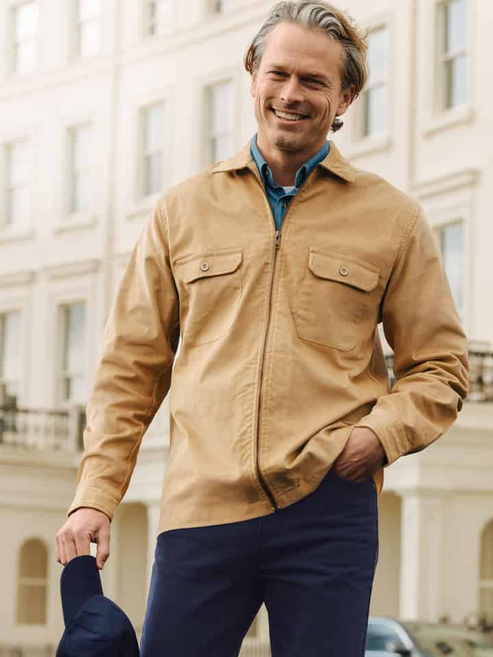 Model wears Sand Needle Cord Shacket