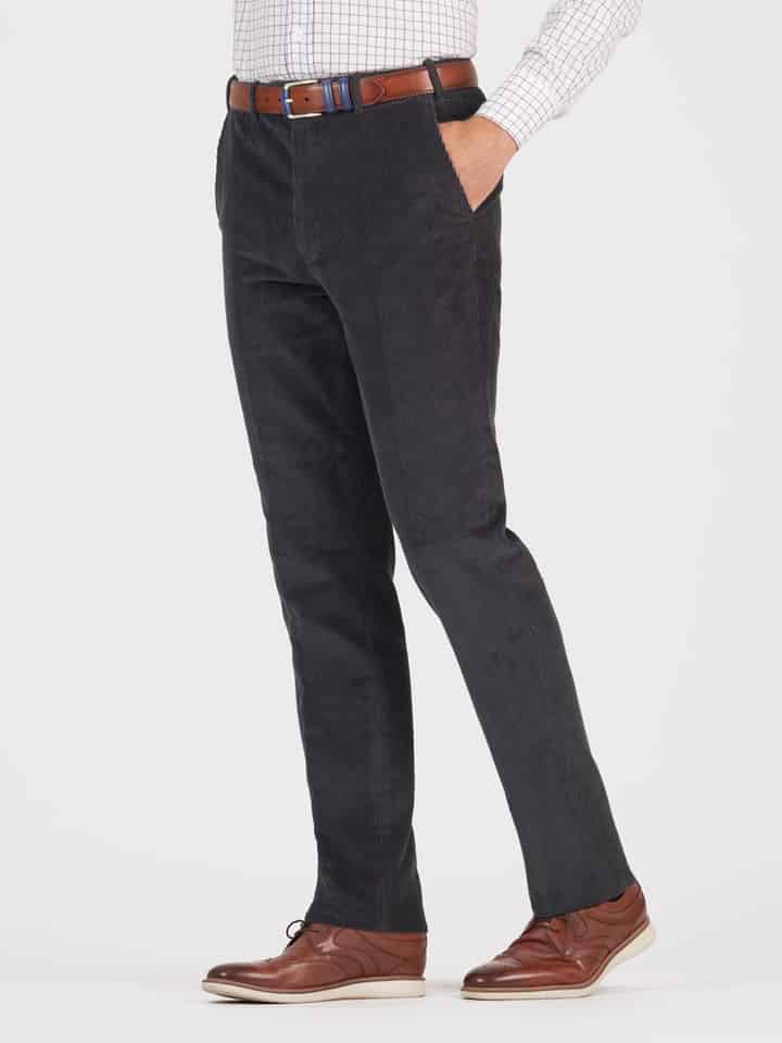 Mens Charcoal Tapered Corduroy Pants On Model