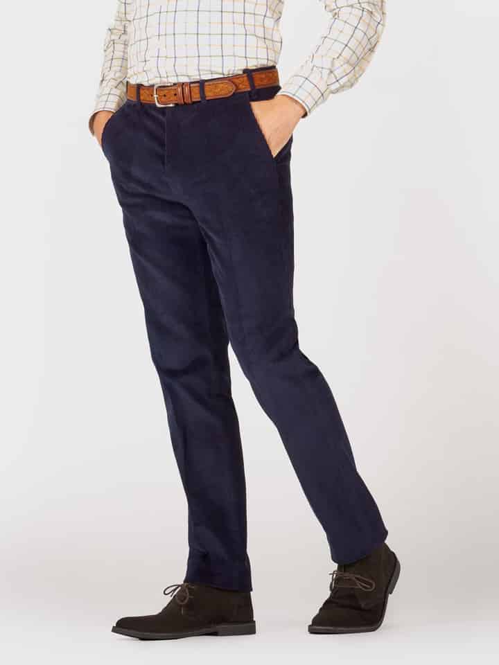 Mens Navy Tapered Corduroy Pants On Model