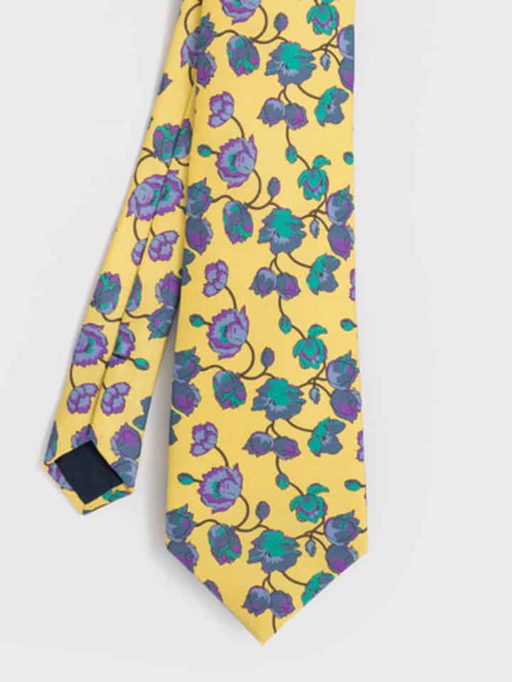 Pale Yellow Floral Silk Tie Flat