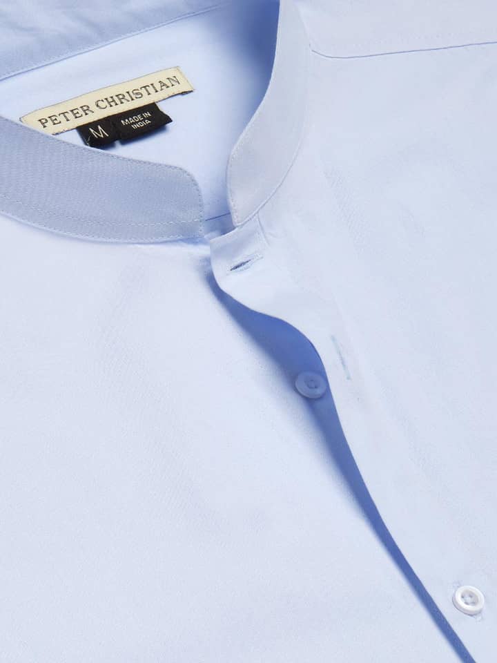 Collar of Double Cuff Blue Nehru Collar Shirt