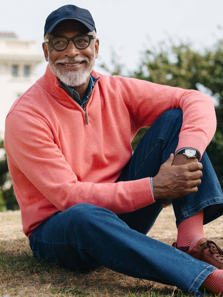 Mens Coral Pink Quarter Zip Sweater On Model