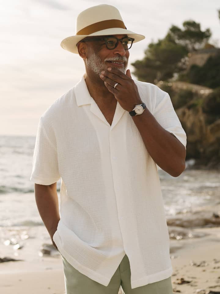 Mens White Textured Cotton Revere Collar Shirt on Model