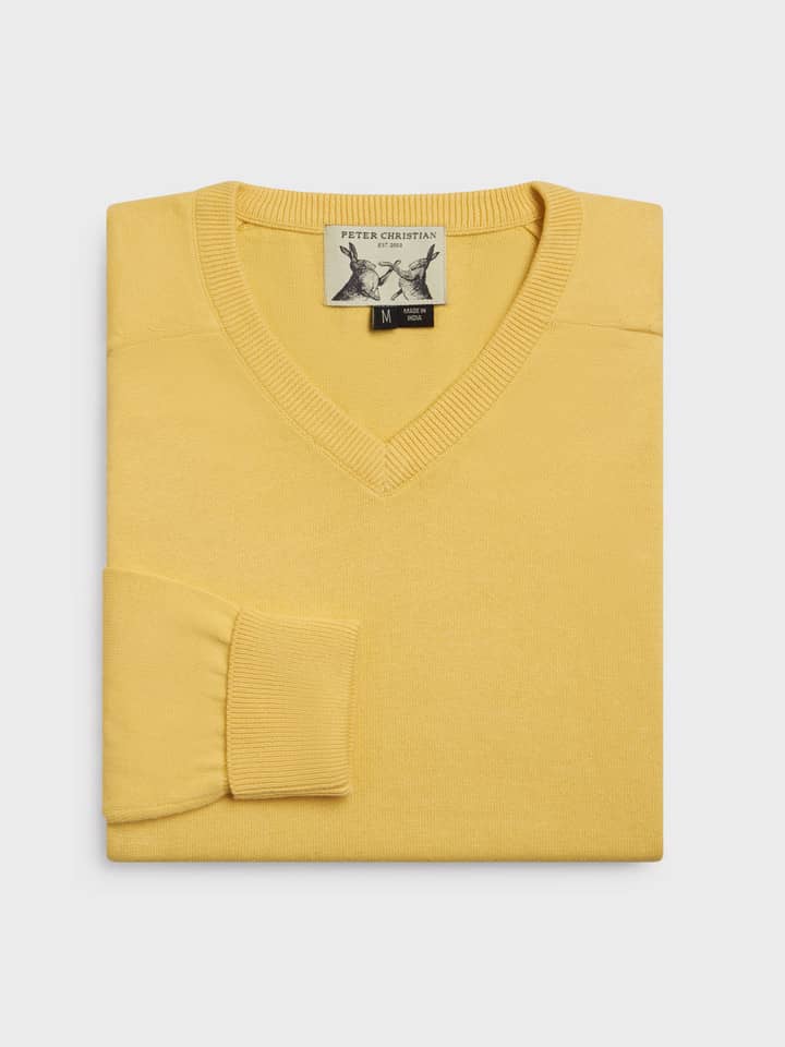 Mens Lemon Yellow Cotton V Neck Sweater Flat