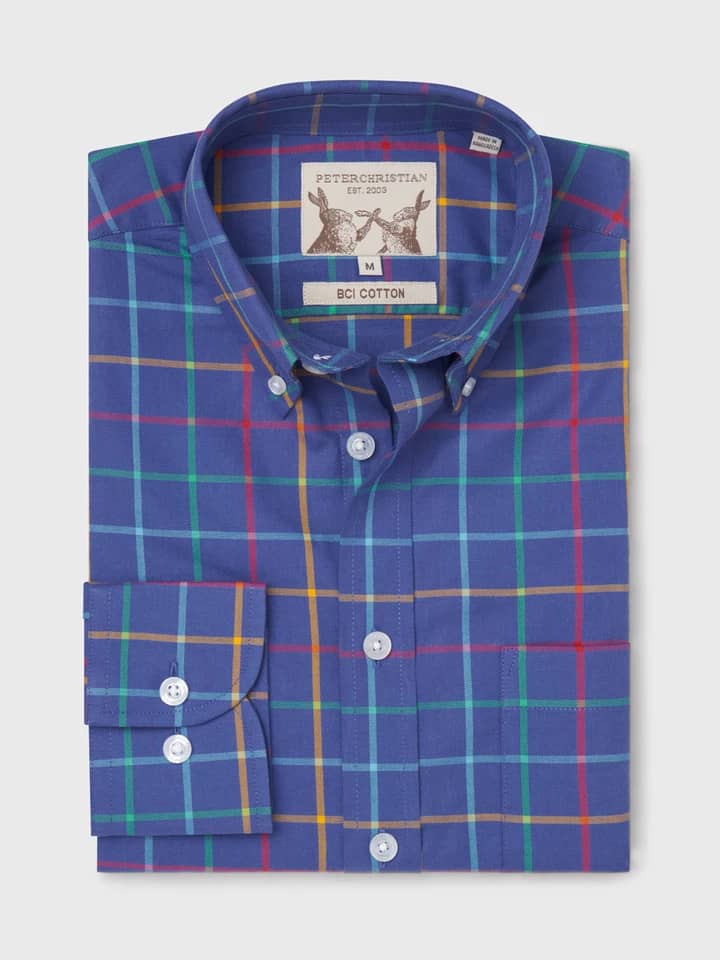 Mens Blue Button Down Check Colorful Tattersall Cotton Shirt Folded