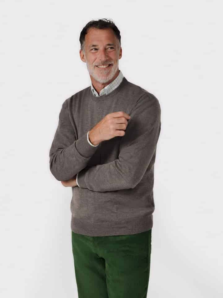Mens Truffle Merino Crew Neck Sweater on Model