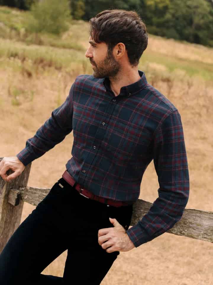 Mens Navy & Burgundy Brushed Check Shirt on Model