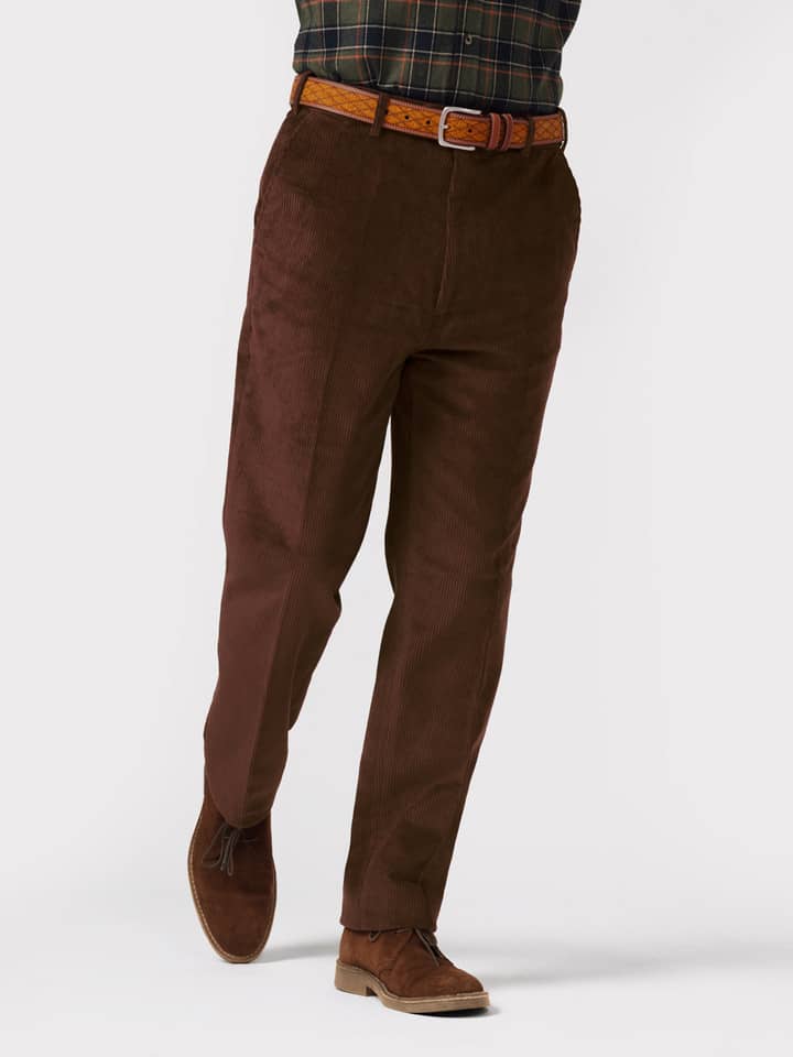 Conker Flat Front Corduroy Pants On Model