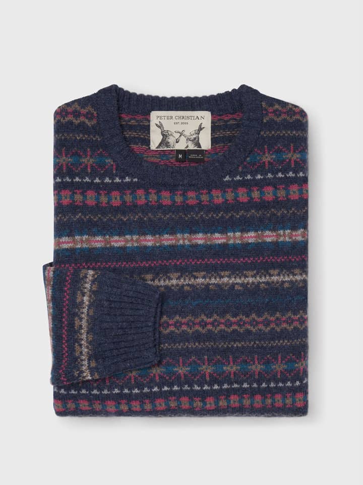 Mens Navy Fairisle Crew Neck Sweater Folded