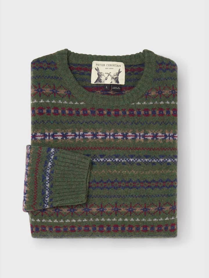 Mens Green Fairisle Crew Neck Sweater Folded