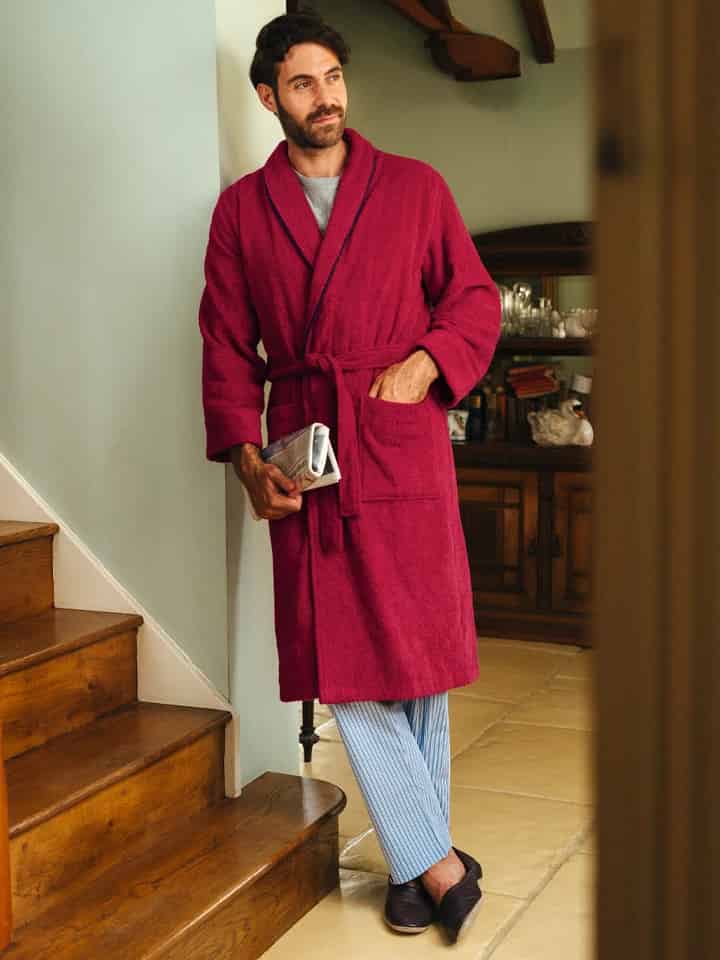 Mens Wine Towelling Dressing Robe on Model