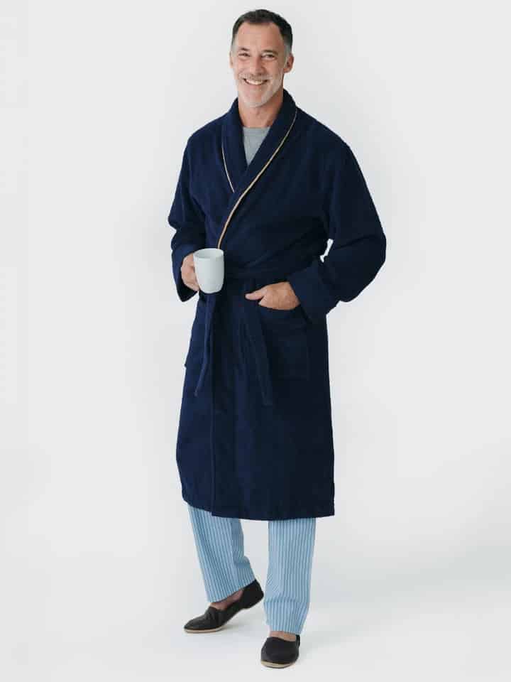 Mens Navy Towelling Dressing Robe on Model