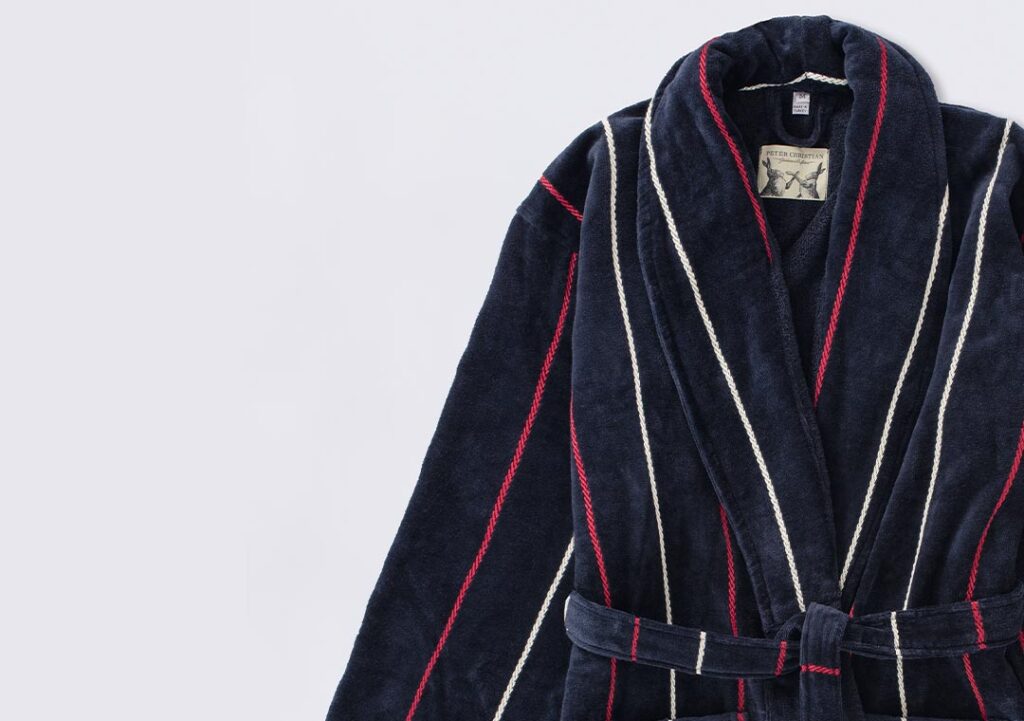 Men’s Luxury Navy and Red Striped Velour Robe 